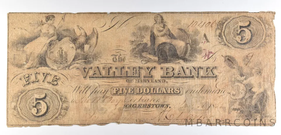 1855 $5 Hagerstown MD Valley Bank Obsolete Note *8514