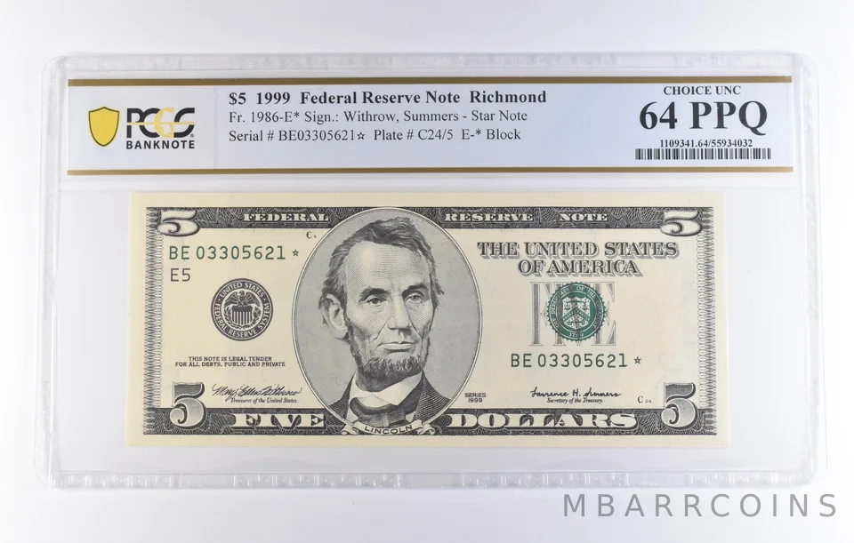 1999 $5 Richmond VA FRN Star Note Fr#1986-E* Choice Unc 64 PPQ PCGS *8308