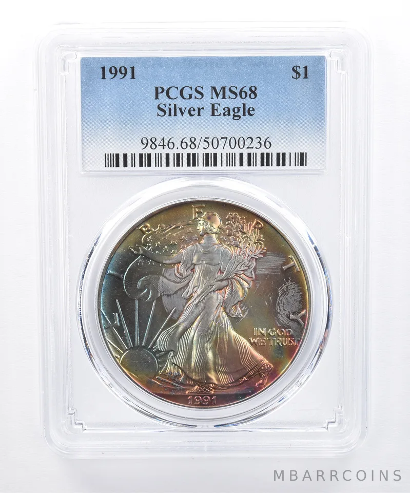 1991 American Silver Eagle MS68 PCGS Rainbow Tone *8435