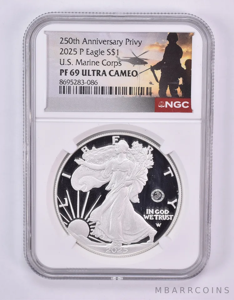 2025-P American Silver Eagle Marine Corps Privy PF69 UCAM NGC Marine Label
