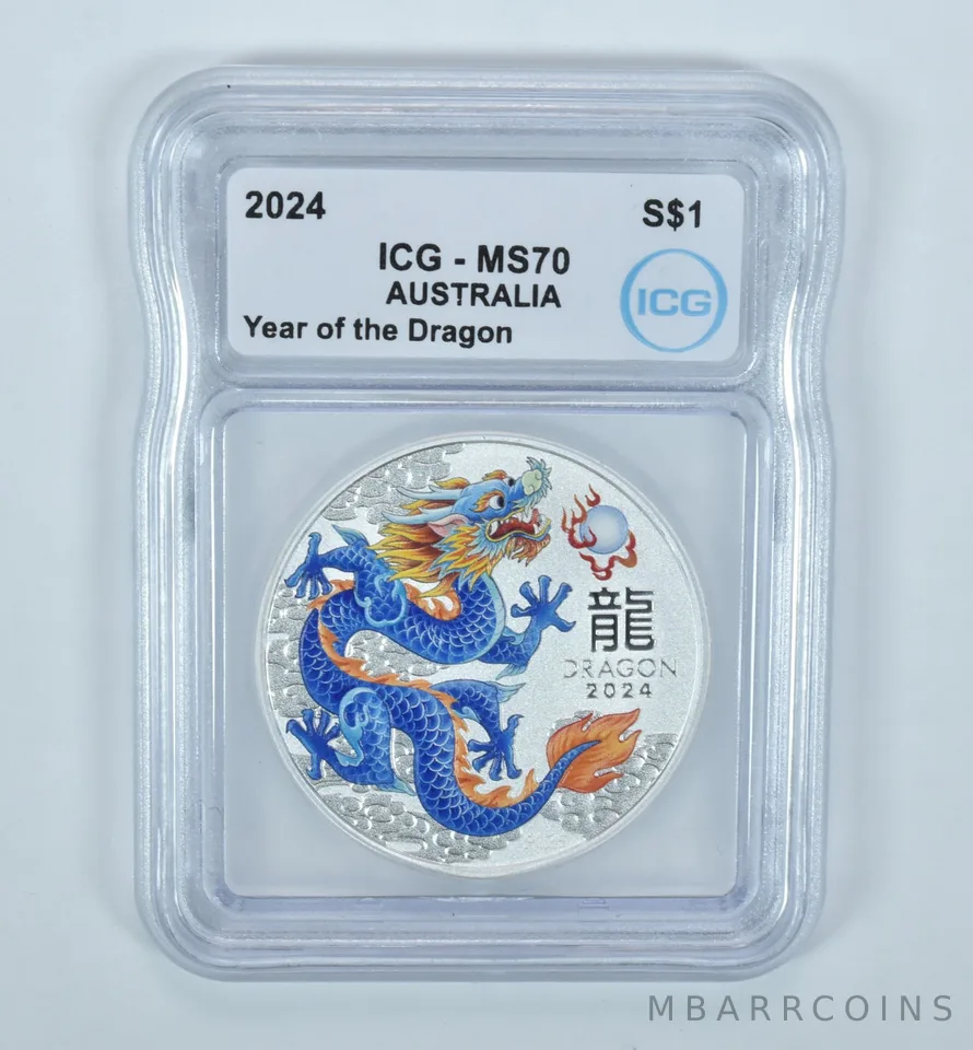 2024 Australia Silver Dollar Year Of The Dragon Blue Colorized MS70 ICG