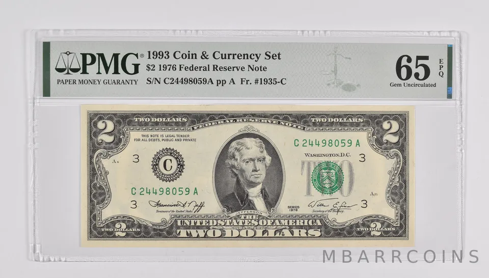 $2 1976 FRN 1993 Coin and Currency Set FR#1935-C PMG 65 EPQ