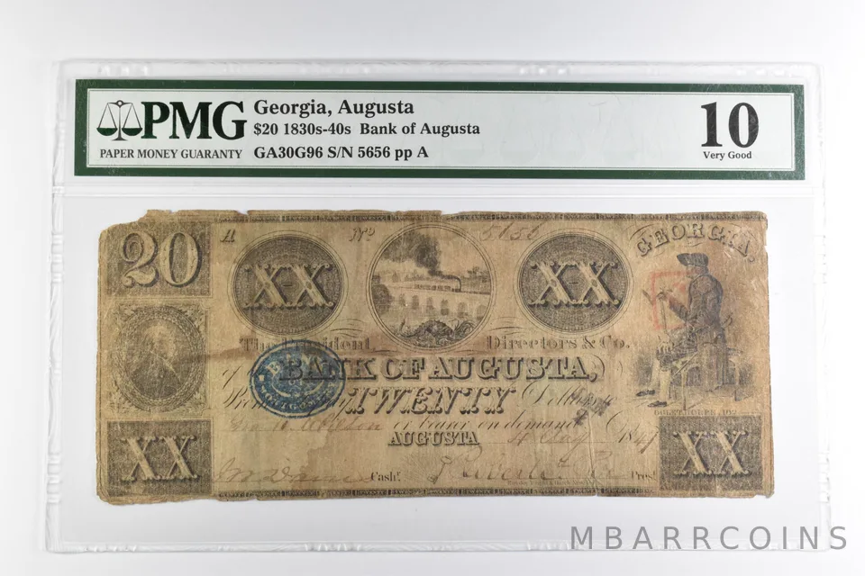 PMG VG 10 $20 1830-40s Augusta, GA Bank Of Augusta Note *8212