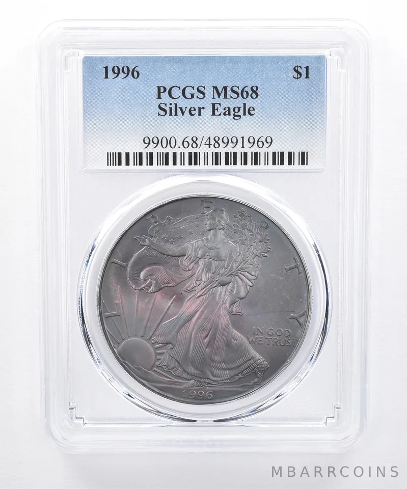 1996 American Silver Eagle MS68 PCGS Purple/Green Tone *8513