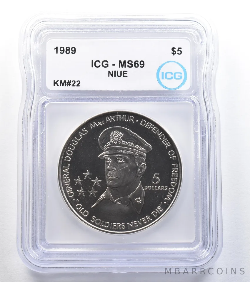 1989 Niue 5 Dollars Douglas MacArthur KM#22 MS69 ICG *7968