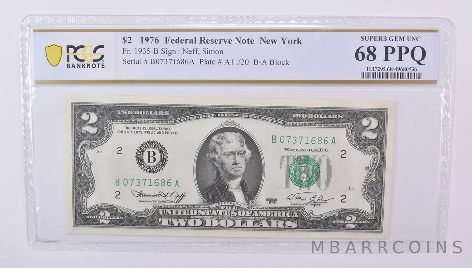 1976 $2 New York NY FRN Fr#1935-B Superb Gem Unc 68 PPQ PCGS