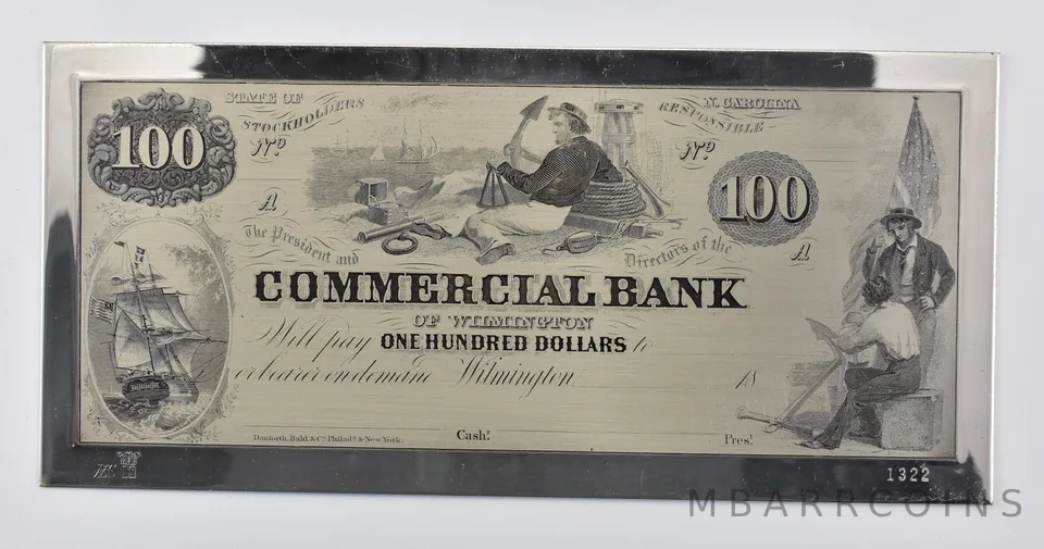 $100 Commercial Bank Wilmington NC Large Note 150.5g Sterling Silver Bar a6565
