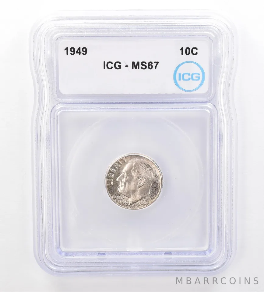 1949 Roosevelt Dime MS67 ICG Beautiful Tone Reverse a7304