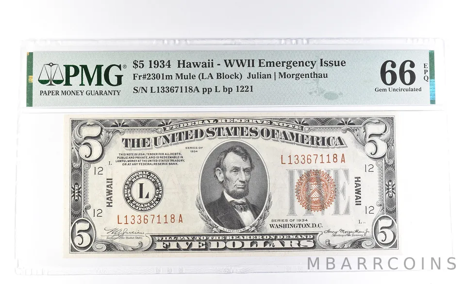 1934 $5 Hawaii WWII Emergency Issue Fr#2301m Mule Gem Unc 66 EPQ PMG *0943