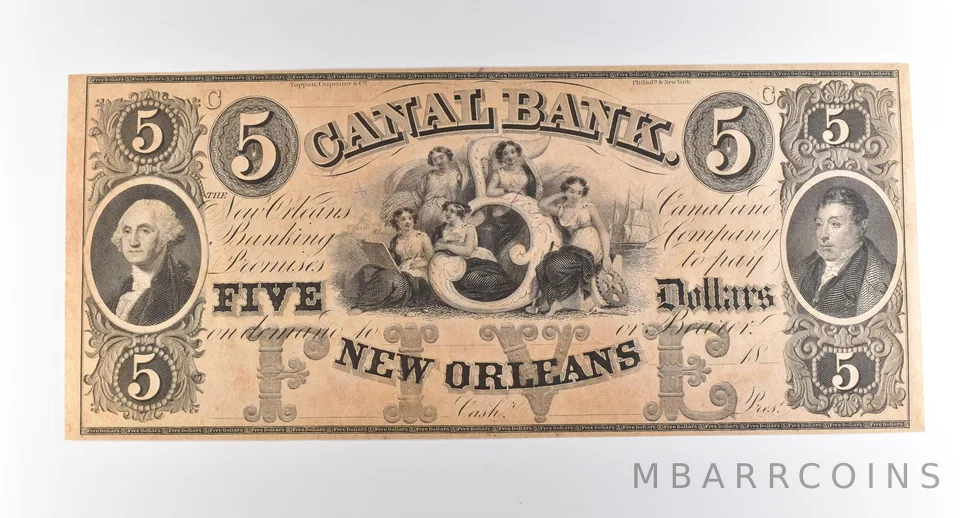 1800s $5 New Orleans LA Canal Bank Obsolete Note *3865
