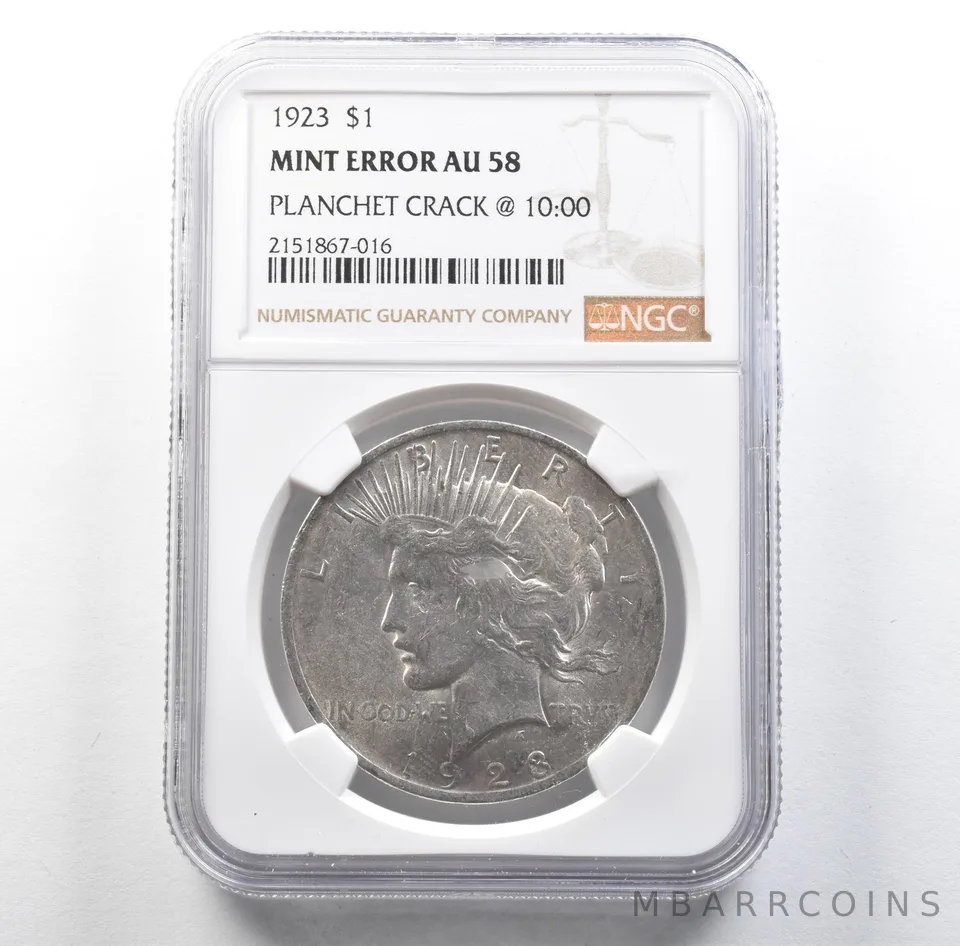1923 Peace Silver Dollar Mint Error Planchet Crack @ 10:00 AU58 NGC *3170