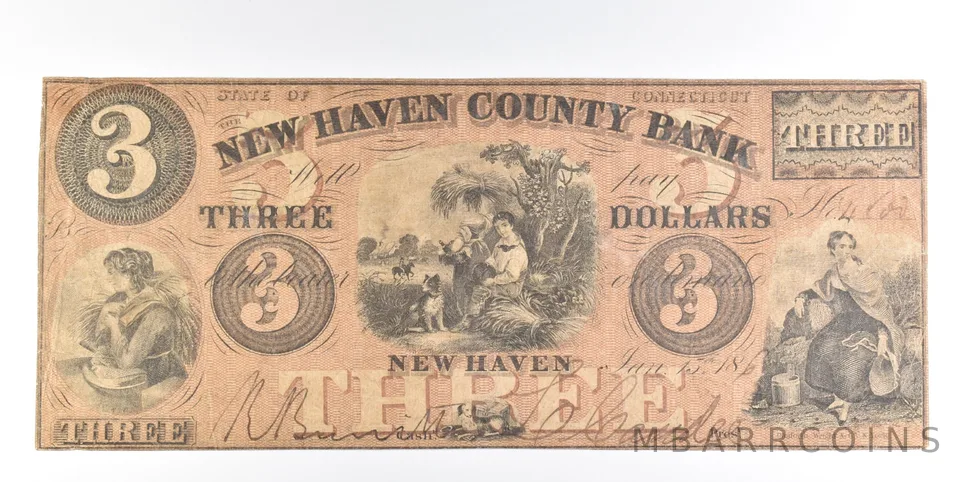 1860 $3 New Haven CT County Bank Obsolete Note *0233