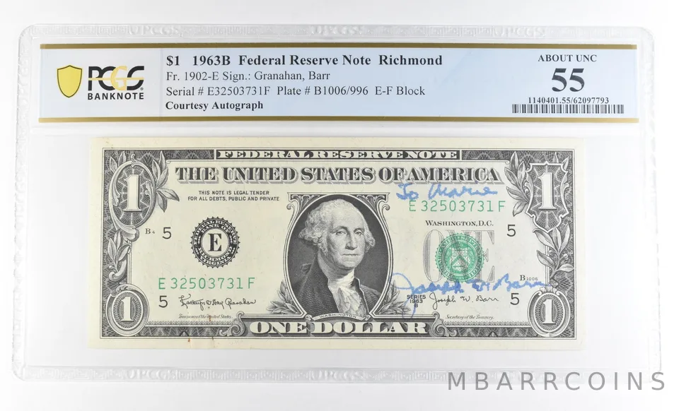 1963 B $1 Richmond VA FRN Courtesy Autograph FR#1902-E AU55 PCGS Barr *0620