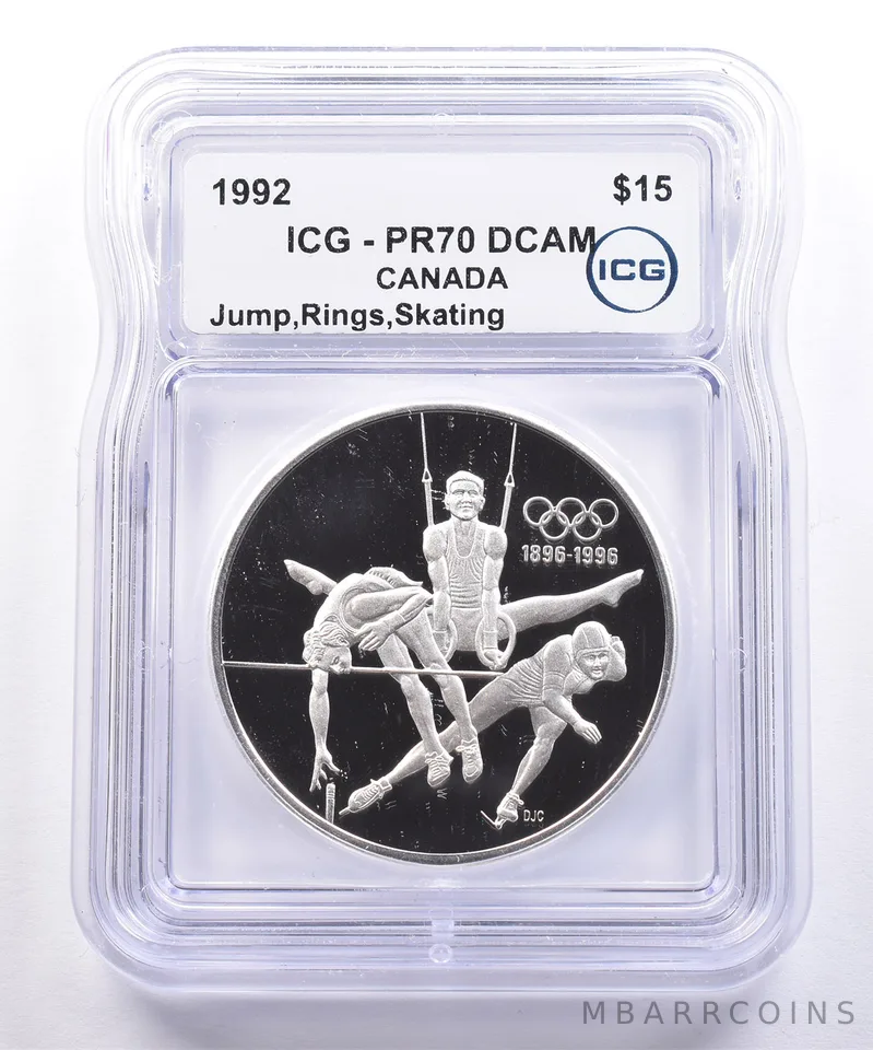 1992 Canada 15 Dollars Olympics Jump Rings Skating PR70 DCAM ICG