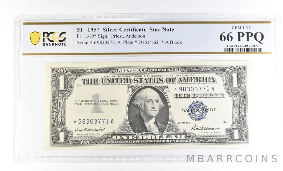 $1 1957 Silver Certificate Star Note Fr#1619* Gem Unc 66 PPQ PCGS a4007