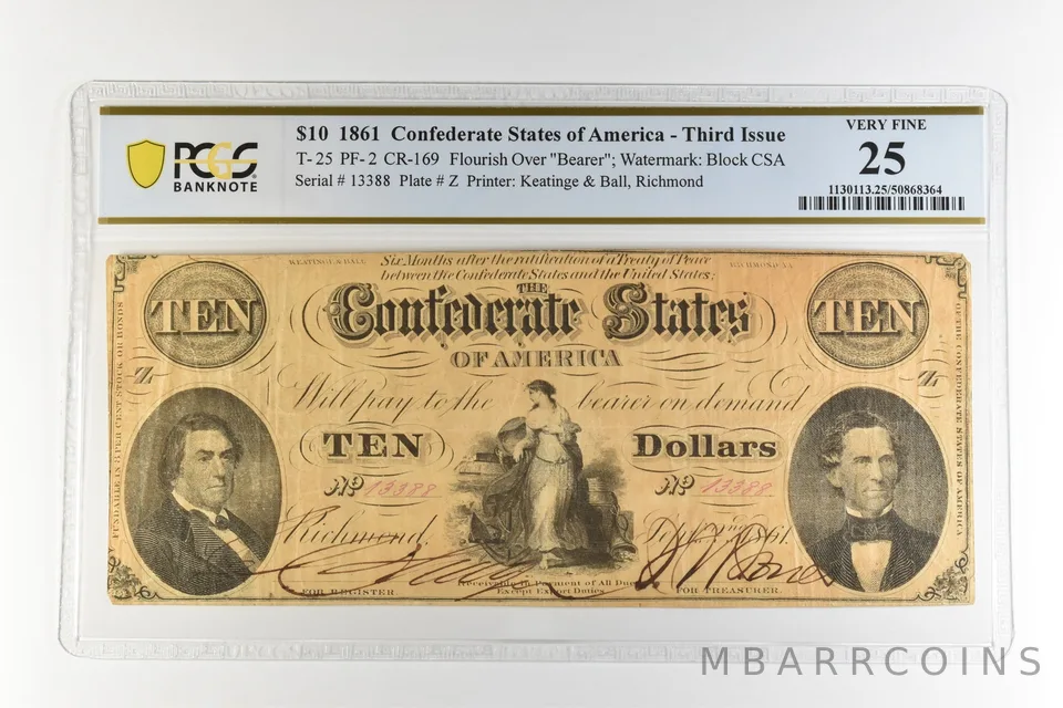1861 $10 Confederate States America T-25 PF-2 CR-169 Very Fine 25 PCGS *4502