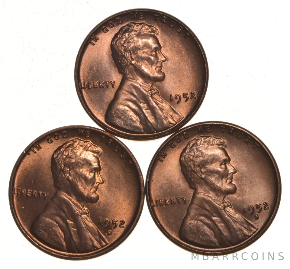 Choice Unc 1952 P+D+S Lincoln Wheat Cent Gem BU Collection Lot Set
