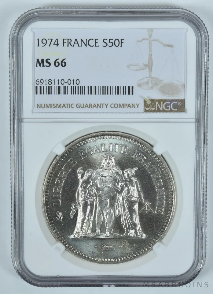 1974 France 50 Francs Silver MS66 NGC Brown Label