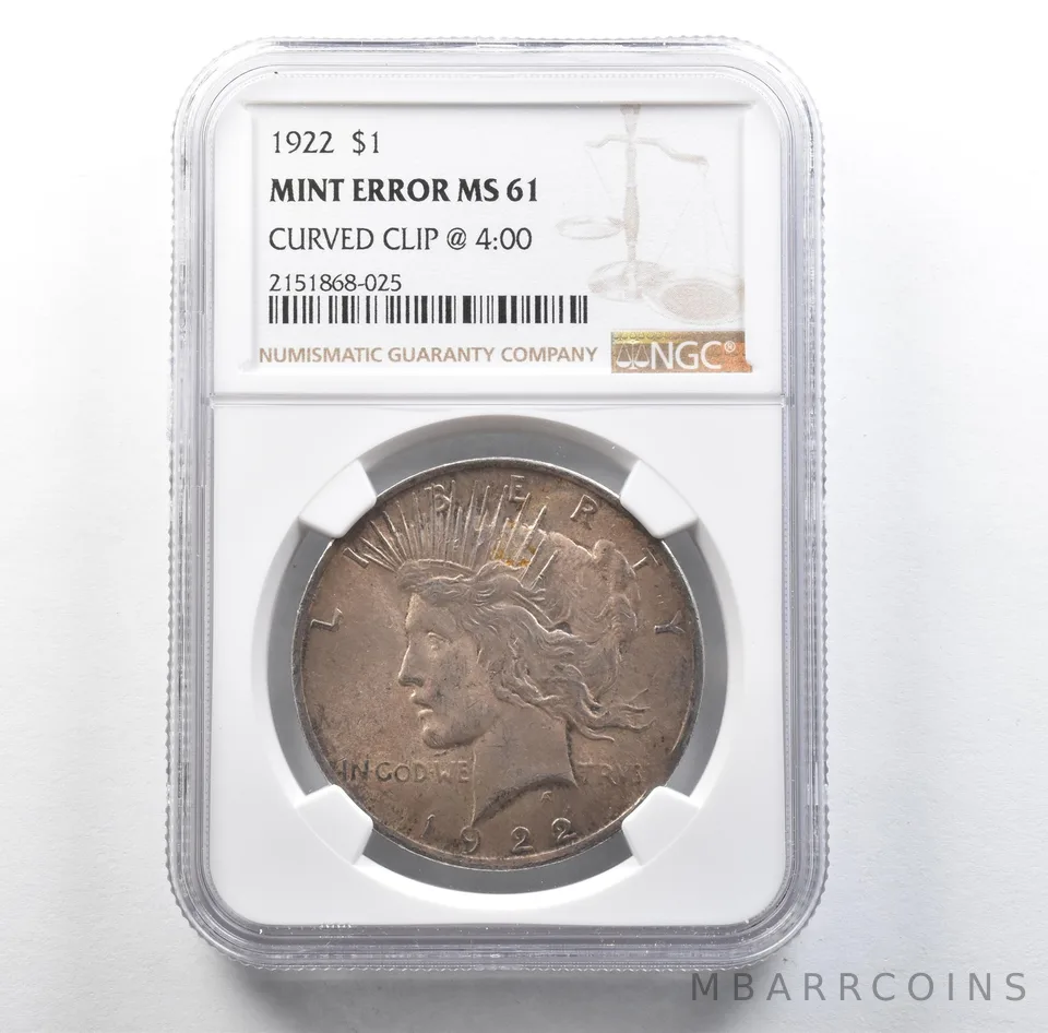 1922 Peace Silver Dollar Mint Error Curved Clip @ 4:00 MS61 NGC *3134