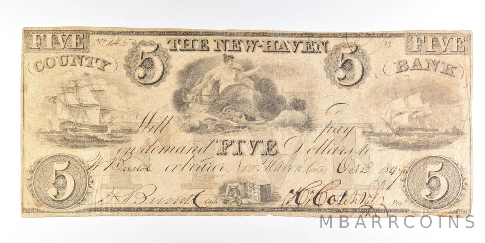 1847 $5 New Haven CT County Bank Obsolete Note *0250