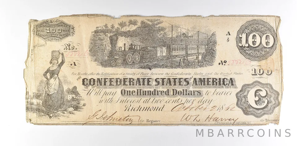 1862 $100 Confederate States Of America T-40 Large Note a8619