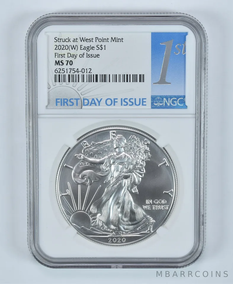 2020-(W) American Silver Eagle Struck At West Point FDOI MS70 NGC 1st Label