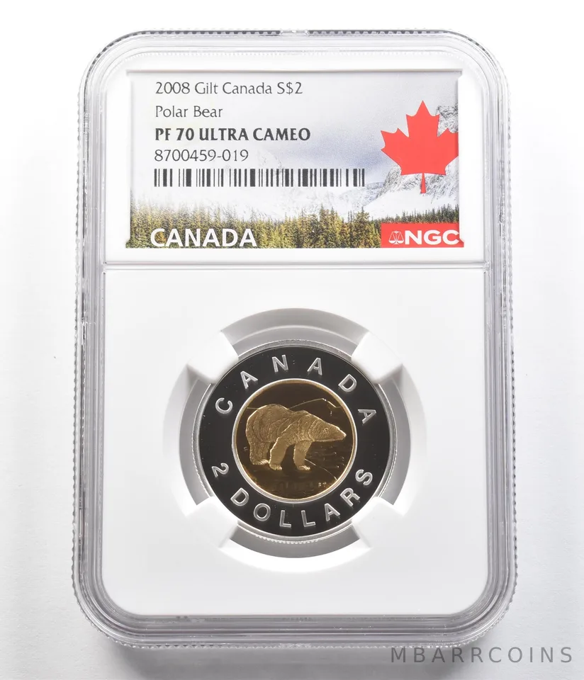 2008 Canada 2 Dollars Silver Gilt Polar Bear PF70 UCAM NGC Canada Label