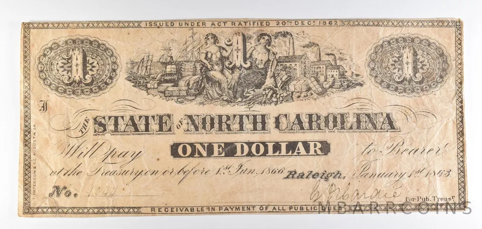 1863 $1 State Of North Carolina Obsolete Note *8727