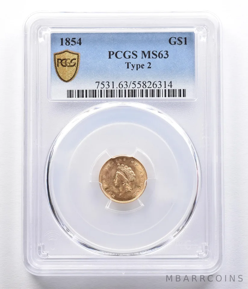 1854 $1 Indian Princess Head Gold Dollar Piece Type 2 MS63 PCGS *2332