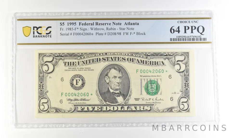 1995 $5 FRN Atlanta GA Fr#1985-F* Star Error Choice Unc 64 PPQ PCGS *4234