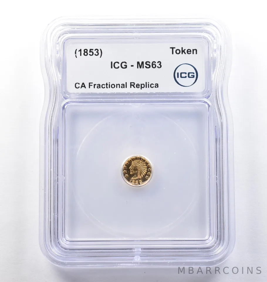 (1853) CA Fractional Gold Style Token Indian Head 1/4 Dollar MS63 ICG *3805