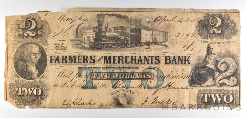 1854 $2 Memphis TN Farmers & Merchants Bank Obsolete Note *8651