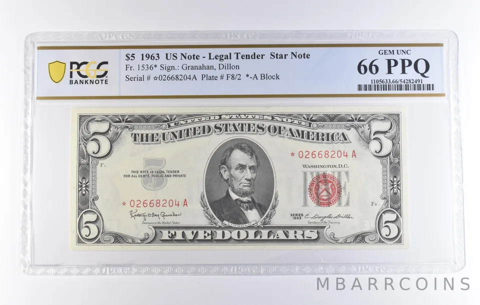 1963 $5 Legal Tender Star Note Fr#1536* Gem Unc 66 PPQ PCGS *8332