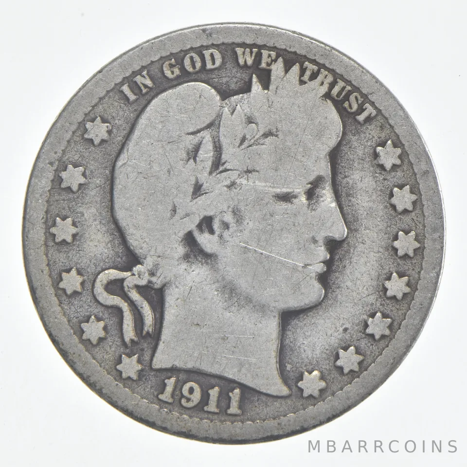 1911-S Barber Quarter 90% Silver VG Condition