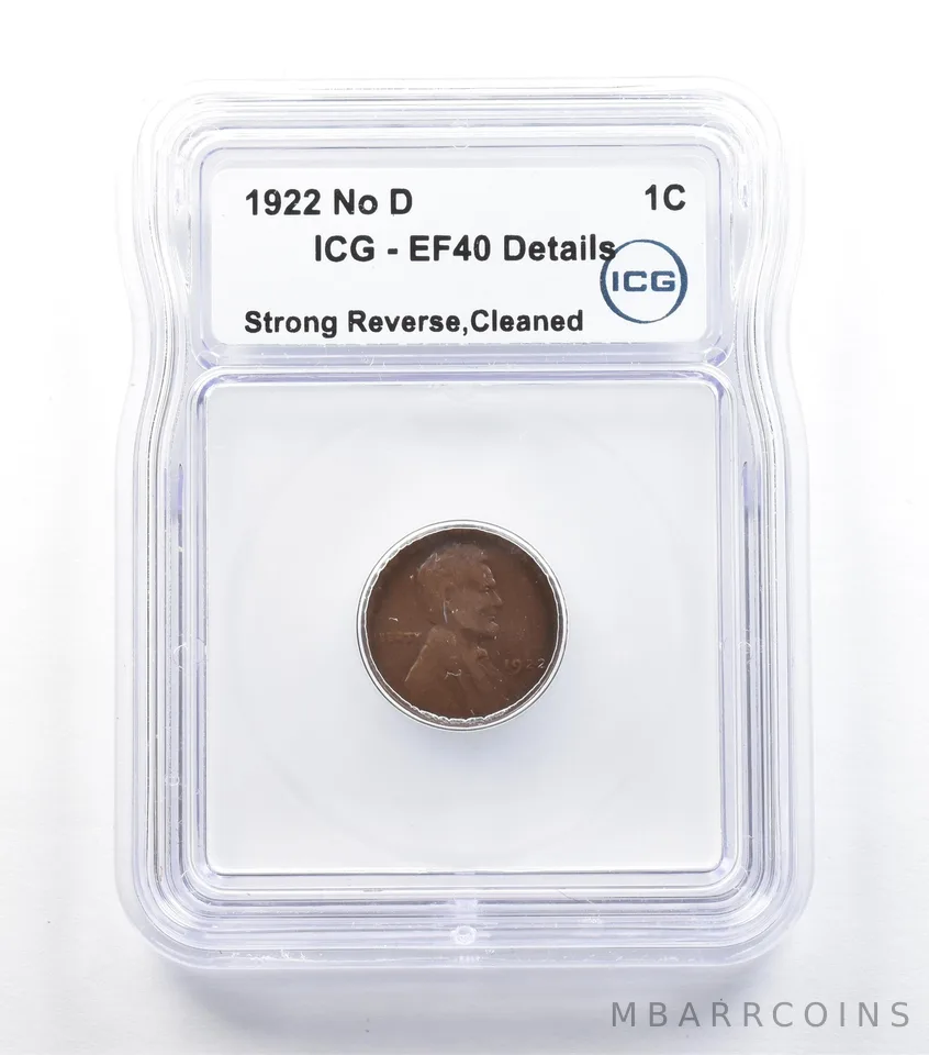 1922 No D Lincoln Wheat Cent Strong Reverse Cleaned EF40 Details ICG *5045