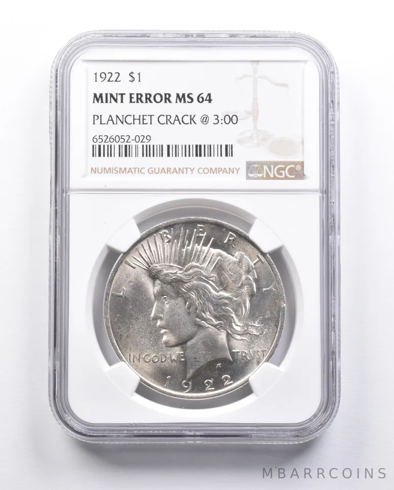 MS64 1922 Peace Silver Dollar Error Planchet Crack @ 3:00 NGC *6671