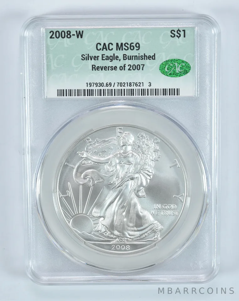 2008-W Reverse Of 2007 Burnished Silver Eagle MS69 CAC CACg