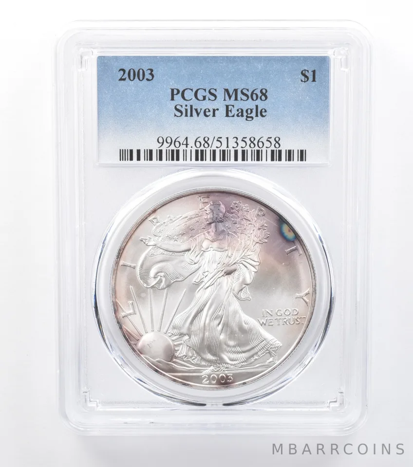 2003 American Silver Eagle MS68 PCGS Spotted Purple Tone *7772