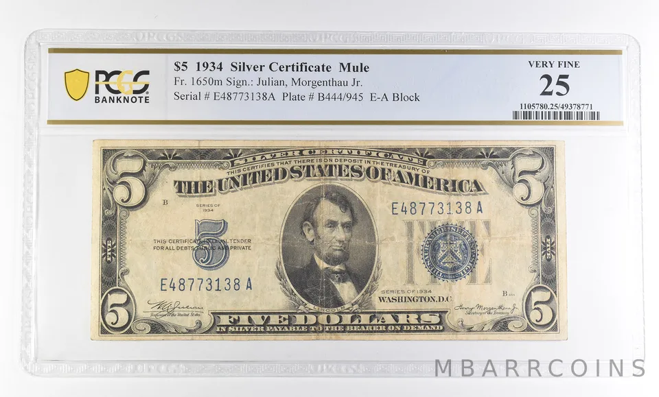 1934 $5 Silver Certificate Mule Fr#1650m Very Fine 25 PCGS a2833