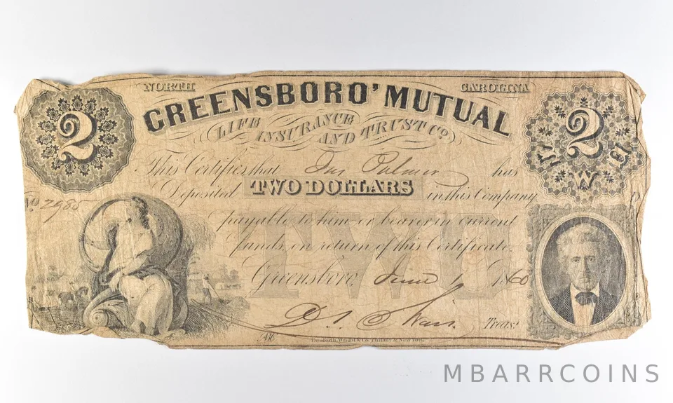 1860 $2 Greensboro NC Greensboro's Mutual Obsolete Note *8322