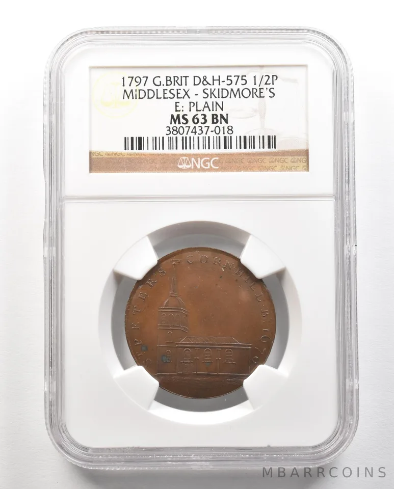 1797 G. Britain D&H-575 1/2 Penny Middlesex-Skidmores E: Plain MS63 BN NGC a4730