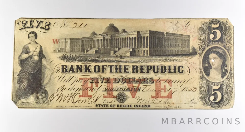 1855 $5 Providence RI Bank Of The Republic Obsolete Note *3780