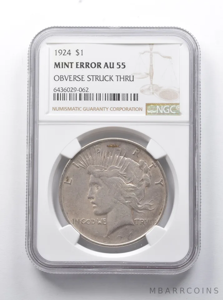 Error AU55 1924 Peace Silver Dollar Struck Thru NGC Disappearing Date *7899