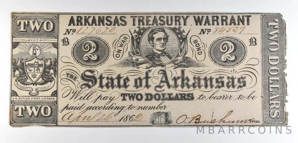 1862 $2 Arkansas Treasury Warrant Obsolete Note *8602