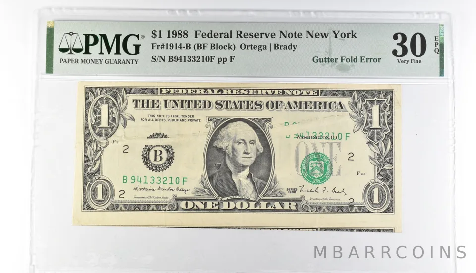 PMG 30 VF EPQ $1 1988 FRN New York Fr#1914-B Gutter Fold Error a3207