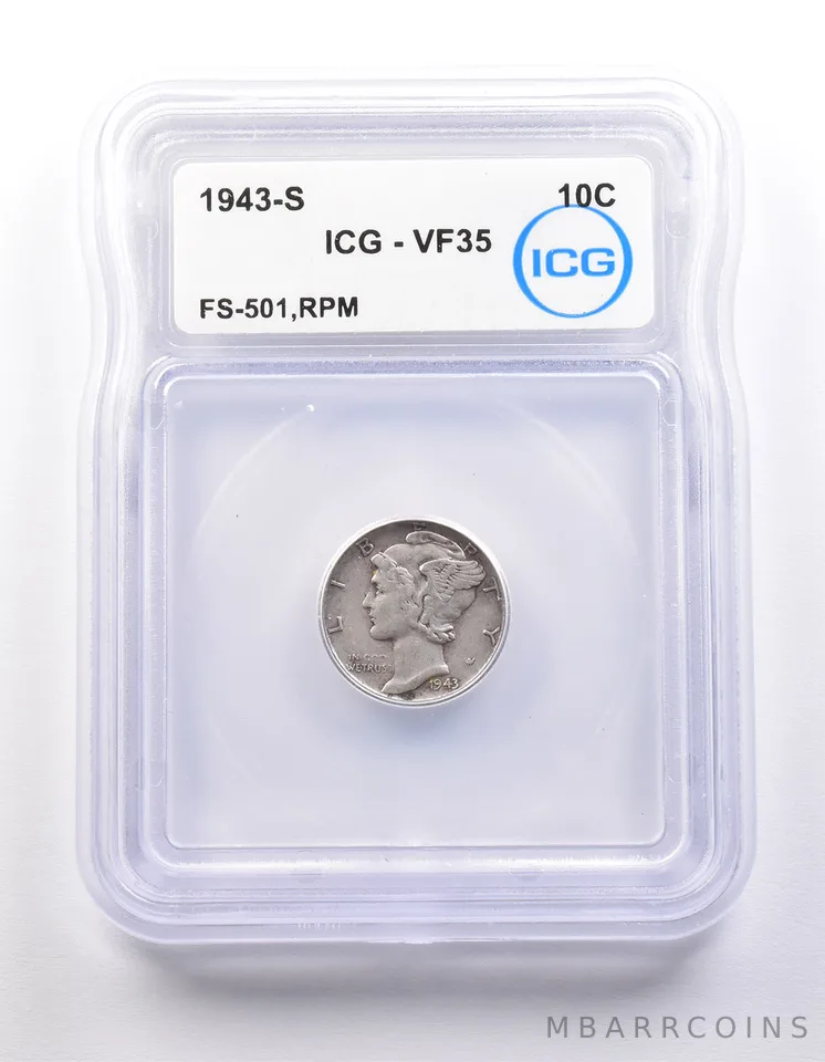1943-S Mercury Dime FS-501 RPM VF35 ICG *9824
