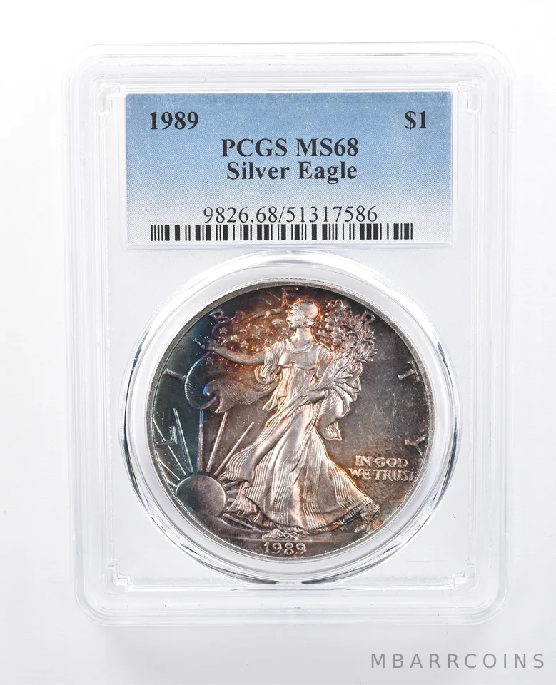 1989 American Silver Eagle MS68 PCGS Blue/Purple Tone *8192