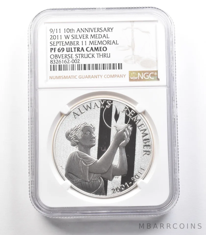 2011 W Silver Medal 9/11 10th Anniversary Mint Error Struck Thru PF69 NGC *2496