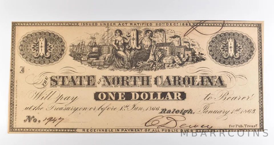 1863 $1 Raleigh NC State Of North Carolina Obsolete Note *3922
