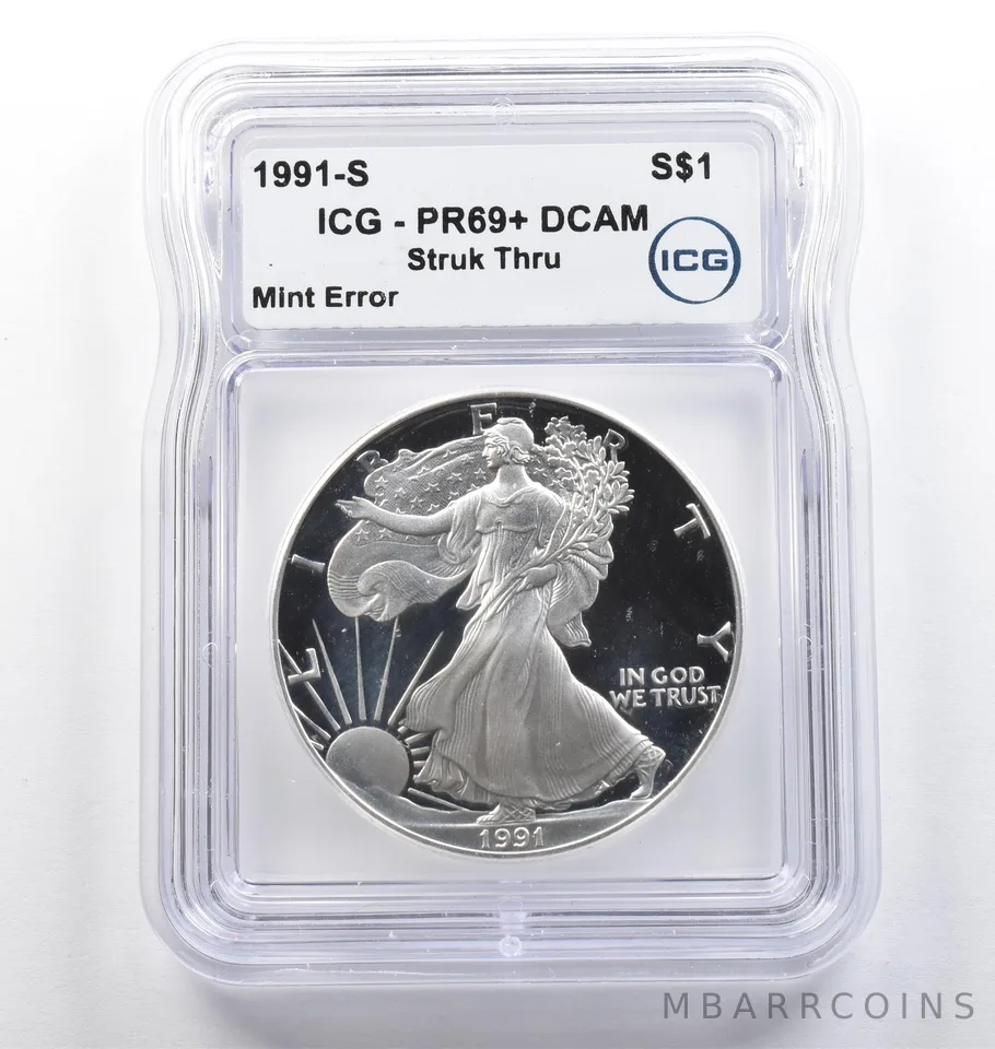 1991-S American Silver Eagle Mint Error Struck Thru PR69+ DCAM ICG *5782